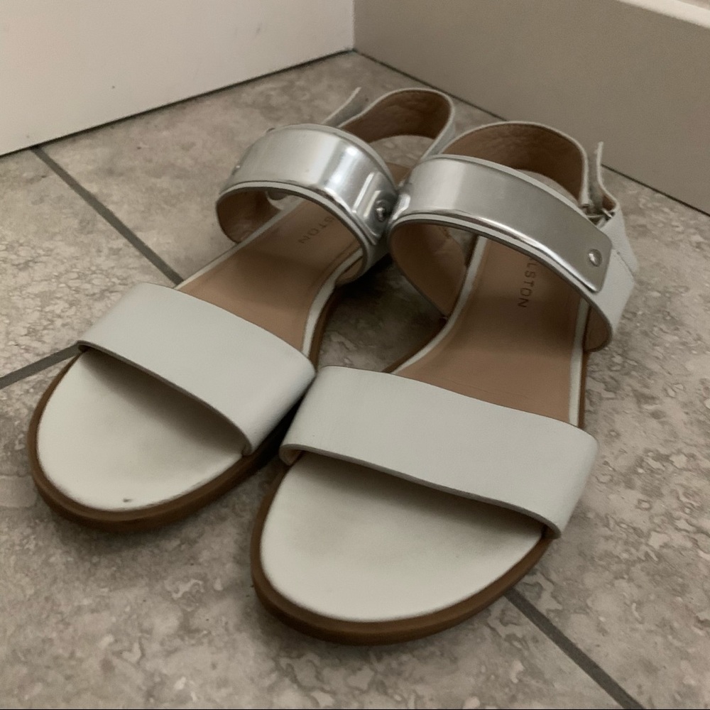 H By Halston White Leather Silver Band Sandals|6.5